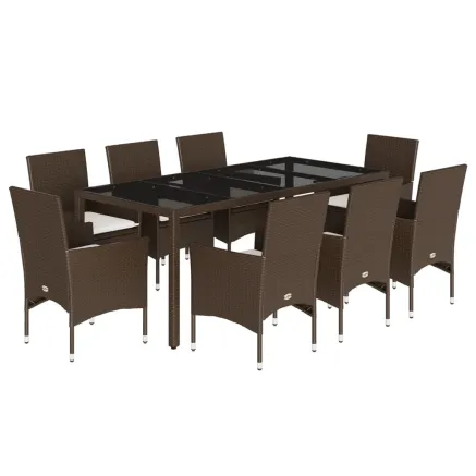 Ensemble à manger de jardin et coussins 9pcs marron rotin verre 2