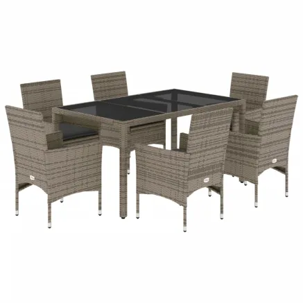 Ensemble à manger de jardin et coussins 7 pcs gris rotin verre 2