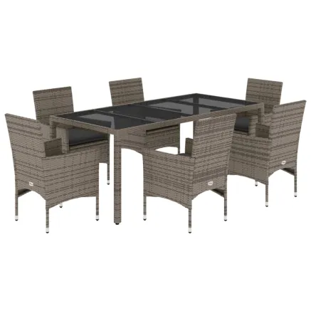 Ensemble à manger de jardin et coussins 7 pcs gris rotin verre 2