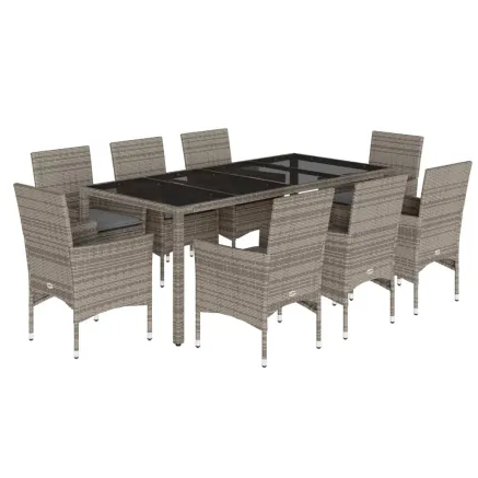 Ensemble à manger de jardin et coussins 9 pcs gris rotin verre 2