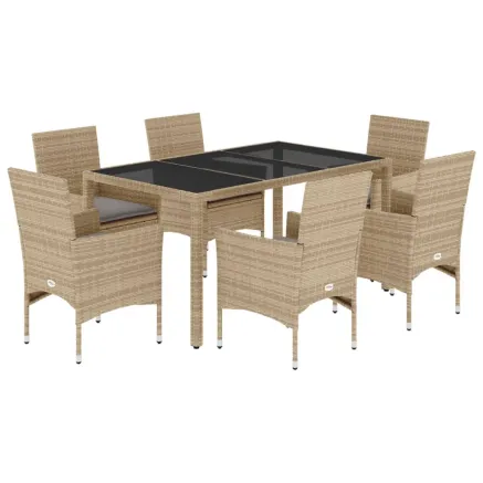 Ensemble à manger de jardin et coussins 7 pcs beige rotin verre 2
