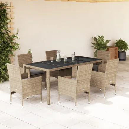 Ensemble à manger de jardin et coussins 7 pcs beige rotin verre