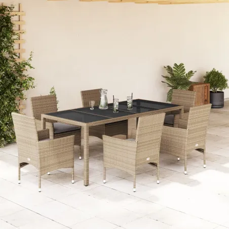 Ensemble à manger de jardin et coussins 7 pcs beige rotin verre