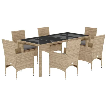 Ensemble à manger de jardin et coussins 7 pcs beige rotin verre 2