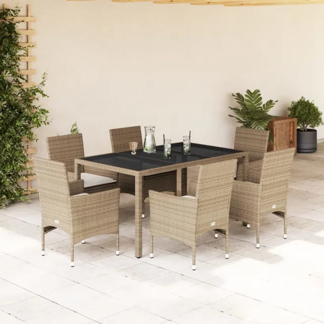Ensemble à manger de jardin et coussins 7 pcs beige rotin verre