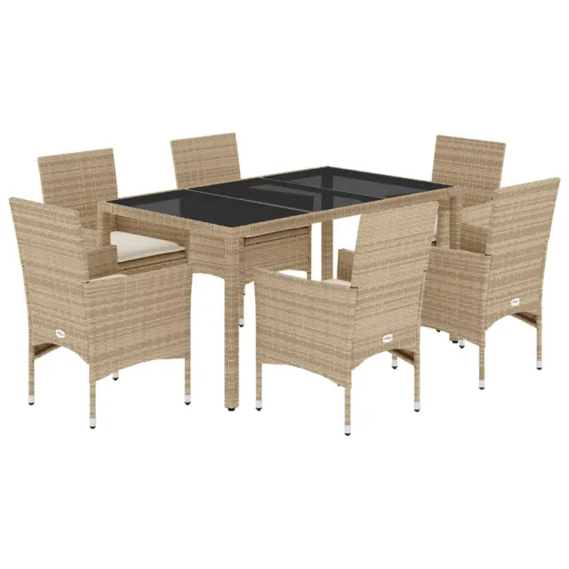 Ensemble à manger de jardin et coussins 7 pcs beige rotin verre