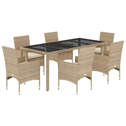 Ensemble à manger de jardin et coussins 7 pcs beige rotin verre 2