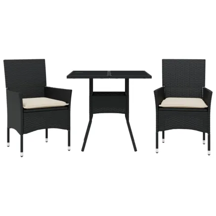 Ensemble à manger de jardin et coussins 3 pcs noir rotin verre 2