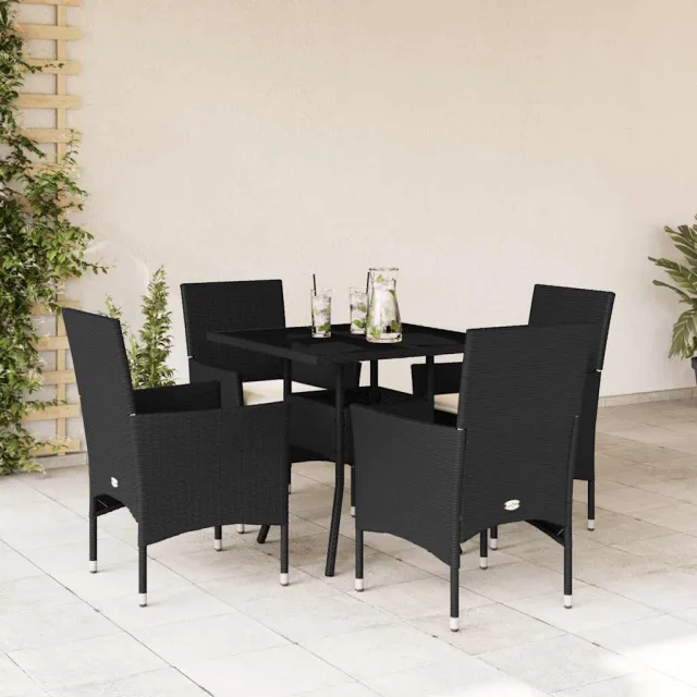 Ensemble à manger de jardin et coussins 5 pcs noir rotin verre