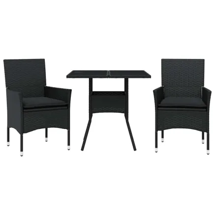 Ensemble à manger de jardin et coussins 3 pcs noir rotin verre 2