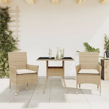 Ensemble à manger de jardin et coussins 3 pcs beige rotin verre
