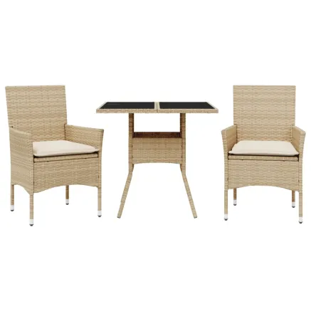 Ensemble à manger de jardin et coussins 3 pcs beige rotin verre 2