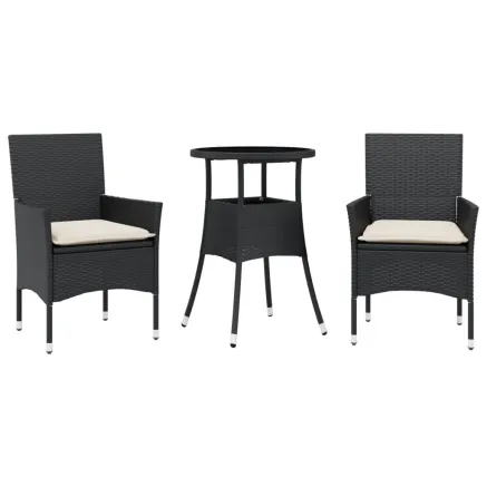 Ensemble à manger de jardin et coussins 3 pcs noir rotin verre 2