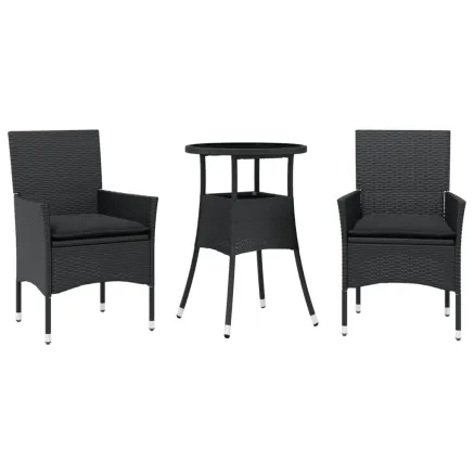 Ensemble à manger de jardin et coussins 3 pcs noir rotin verre 2