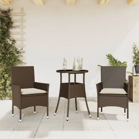 Ensemble à manger de jardin et coussins 3pcs marron rotin verre
