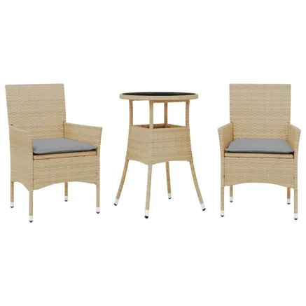 Ensemble à manger de jardin et coussins 3 pcs beige rotin verre 2