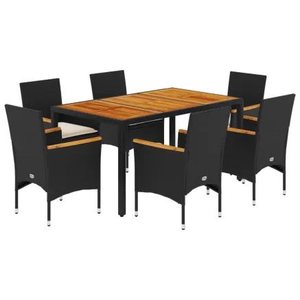 Ensemble à manger de jardin et coussins 7pcs noir rotin acacia 2