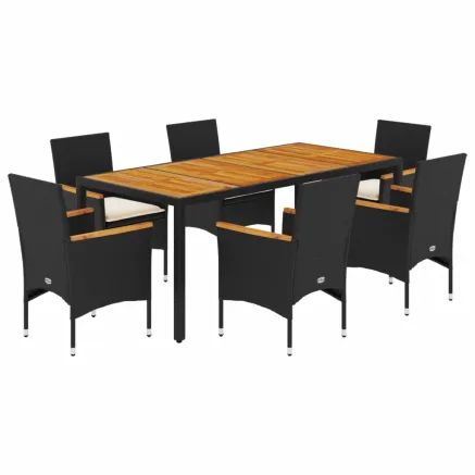 Ensemble à manger de jardin et coussins 7pcs noir rotin acacia 2