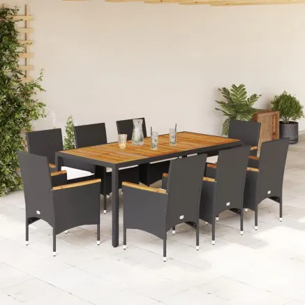 Ensemble à manger de jardin et coussins 9 pcs noir rotin acacia