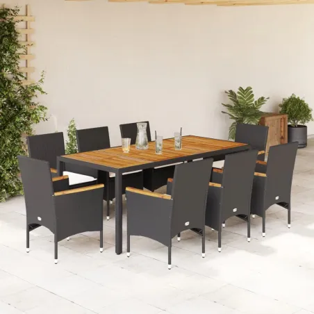 Ensemble à manger de jardin et coussins 9 pcs noir rotin acacia