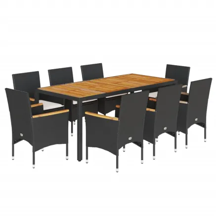 Ensemble à manger de jardin et coussins 9 pcs noir rotin acacia 2