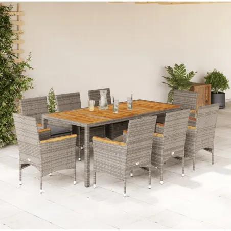 Ensemble à manger de jardin et coussins 9 pcs gris rotin acacia