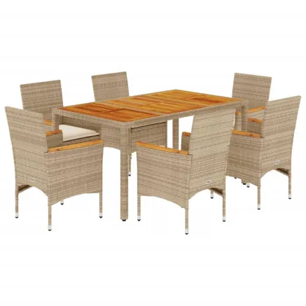 Ensemble à manger de jardin et coussins 7pcs beige rotin acacia 2