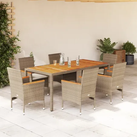 Ensemble à manger de jardin et coussins 7pcs beige rotin acacia
