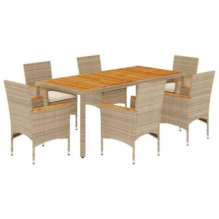 Ensemble à manger de jardin et coussins 7pcs beige rotin acacia 2