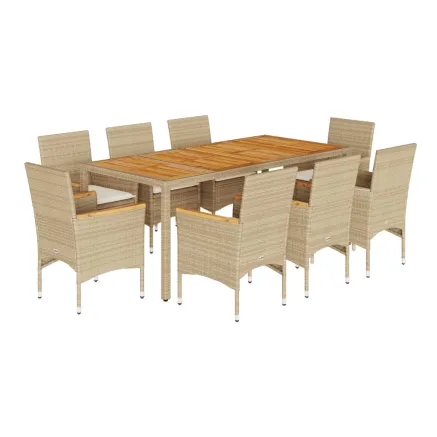 Ensemble à manger de jardin et coussins 9pcs beige rotin acacia 2