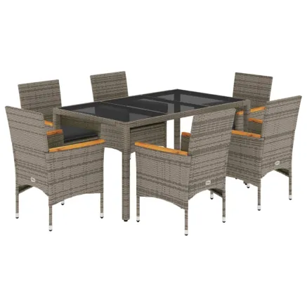 Ensemble à manger de jardin et coussins 7 pcs gris rotin verre 2