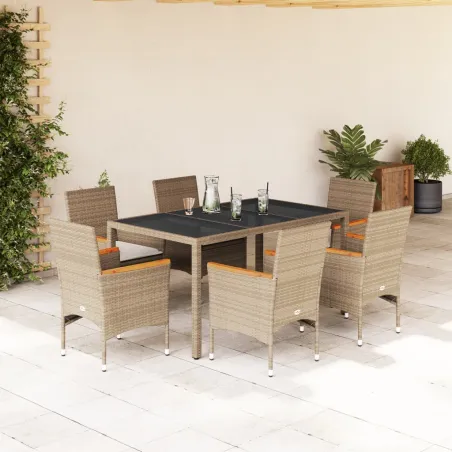Ensemble à manger de jardin et coussins 7 pcs beige rotin verre