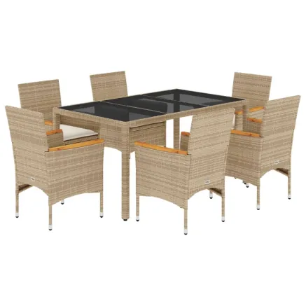 Ensemble à manger de jardin et coussins 7 pcs beige rotin verre 2