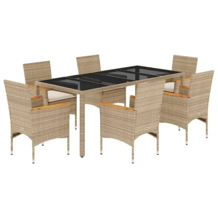 Ensemble à manger de jardin et coussins 7 pcs beige rotin verre 2