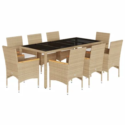 Ensemble à manger de jardin et coussins 9 pcs beige rotin verre 2
