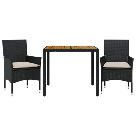 Ensemble à manger de jardin et coussins 3 pcs noir rotin acacia 2