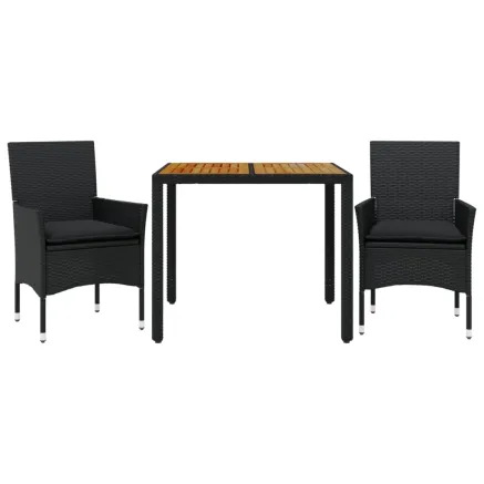 Ensemble à manger de jardin et coussins 3 pcs noir rotin acacia 2