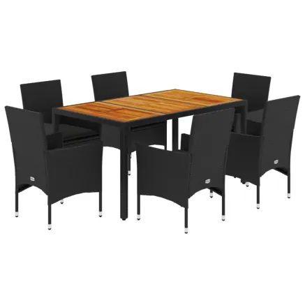 Ensemble à manger de jardin et coussins 7pcs noir rotin acacia 2