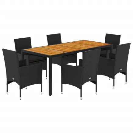 Ensemble à manger de jardin et coussins 7pcs noir rotin acacia 2