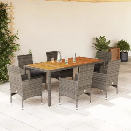 Ensemble à manger de jardin et coussins 7 pcs gris rotin acacia