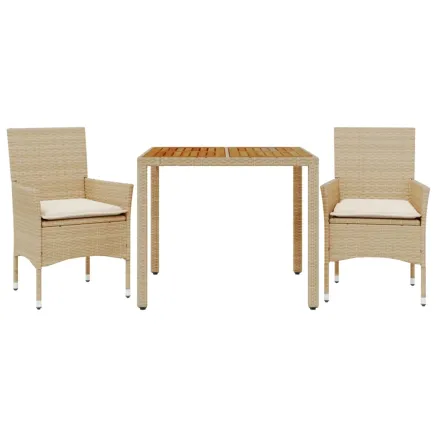 Ensemble à manger de jardin et coussins 3pcs beige rotin acacia 2