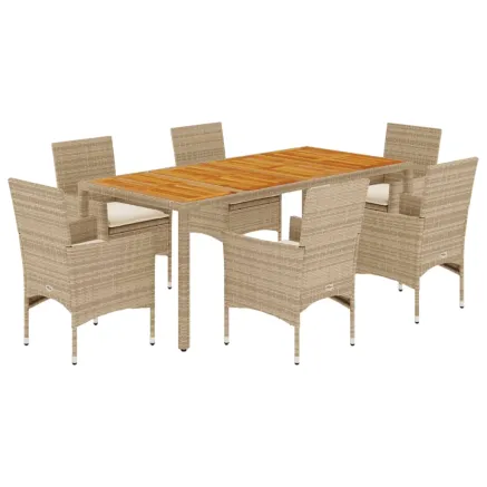 Ensemble à manger de jardin et coussins 7pcs beige rotin acacia 2