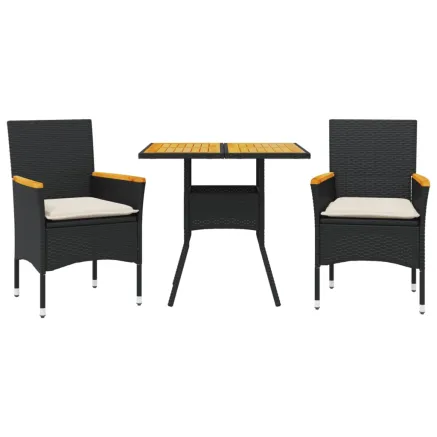 Ensemble à manger de jardin et coussins 3 pcs noir rotin acacia 2
