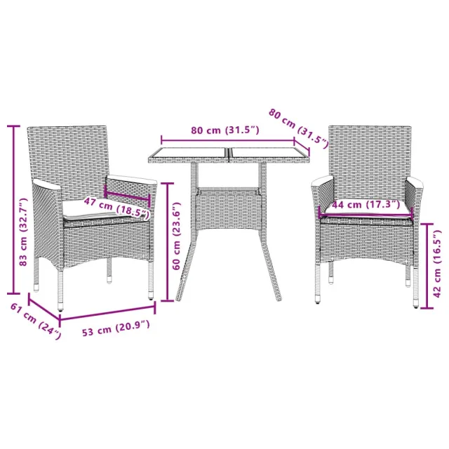 Ensemble à manger de jardin et coussins 3 pcs noir rotin acacia