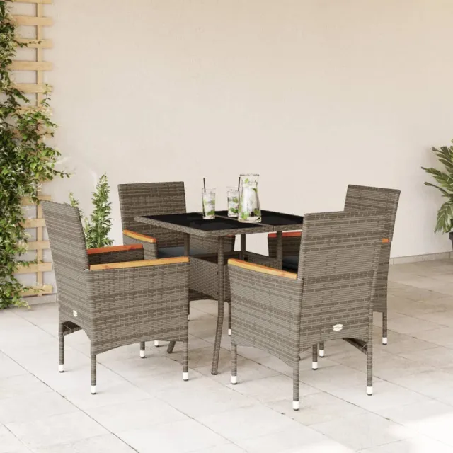Ensemble à manger de jardin et coussins 5 pcs gris rotin verre