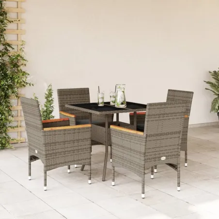 Ensemble à manger de jardin et coussins 5 pcs gris rotin verre