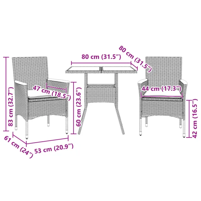 Ensemble à manger de jardin et coussins 3 pcs beige rotin verre