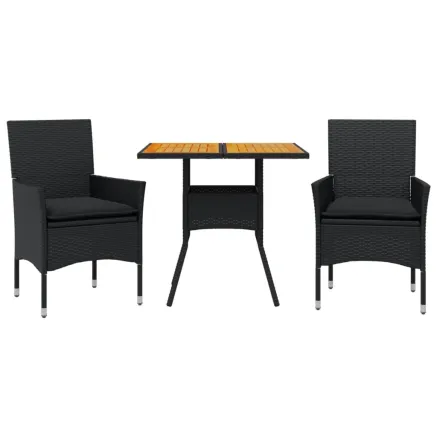 Ensemble à manger de jardin et coussins 3 pcs noir rotin acacia 2