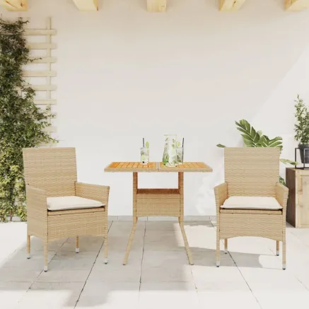 Ensemble à manger de jardin et coussins 3pcs beige rotin acacia