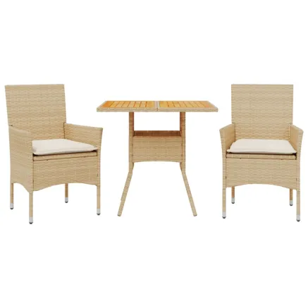Ensemble à manger de jardin et coussins 3pcs beige rotin acacia 2